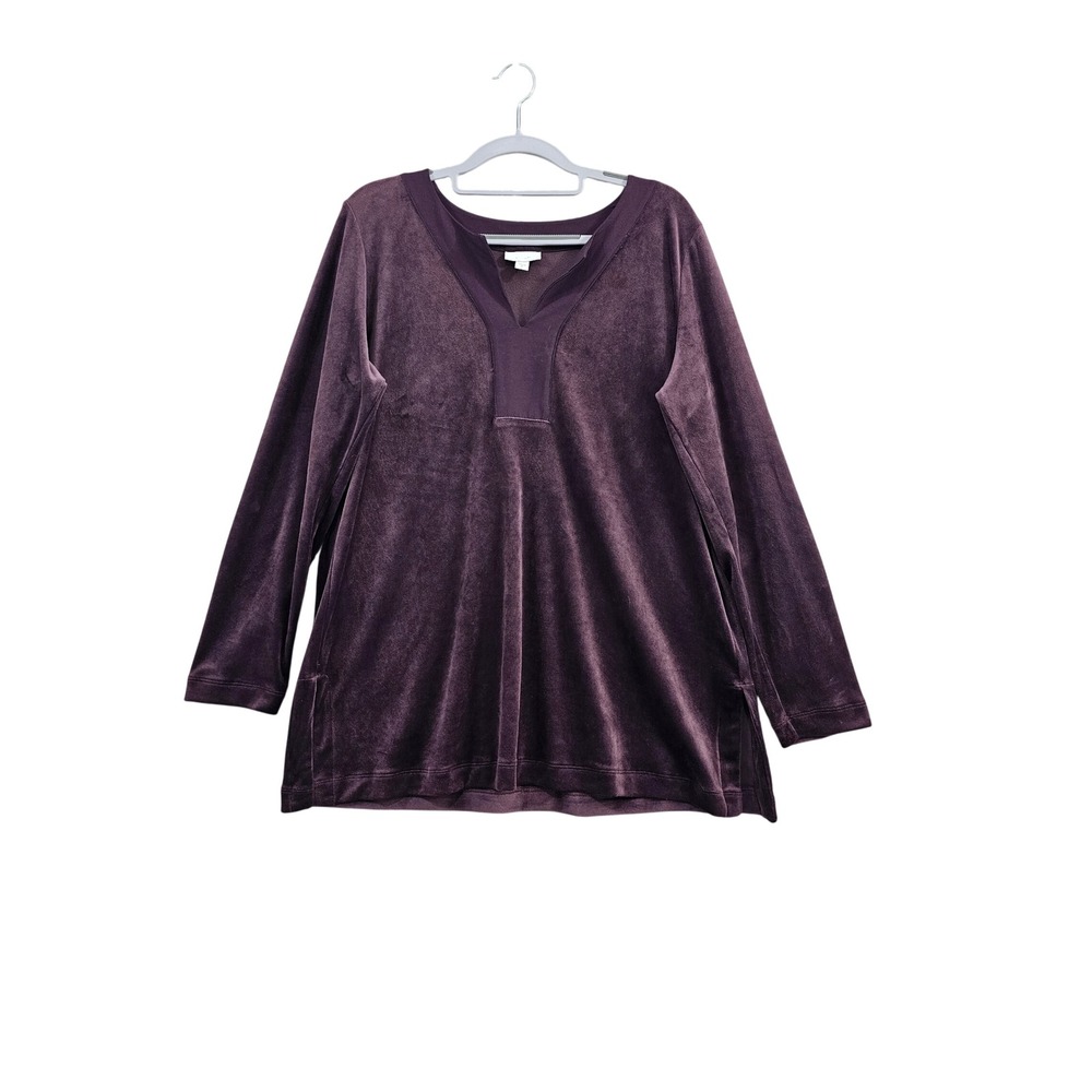 Pure Jill Velour Tunic Top Womens Medium Purple V-Neck Long Sleeve Side Slit Sft